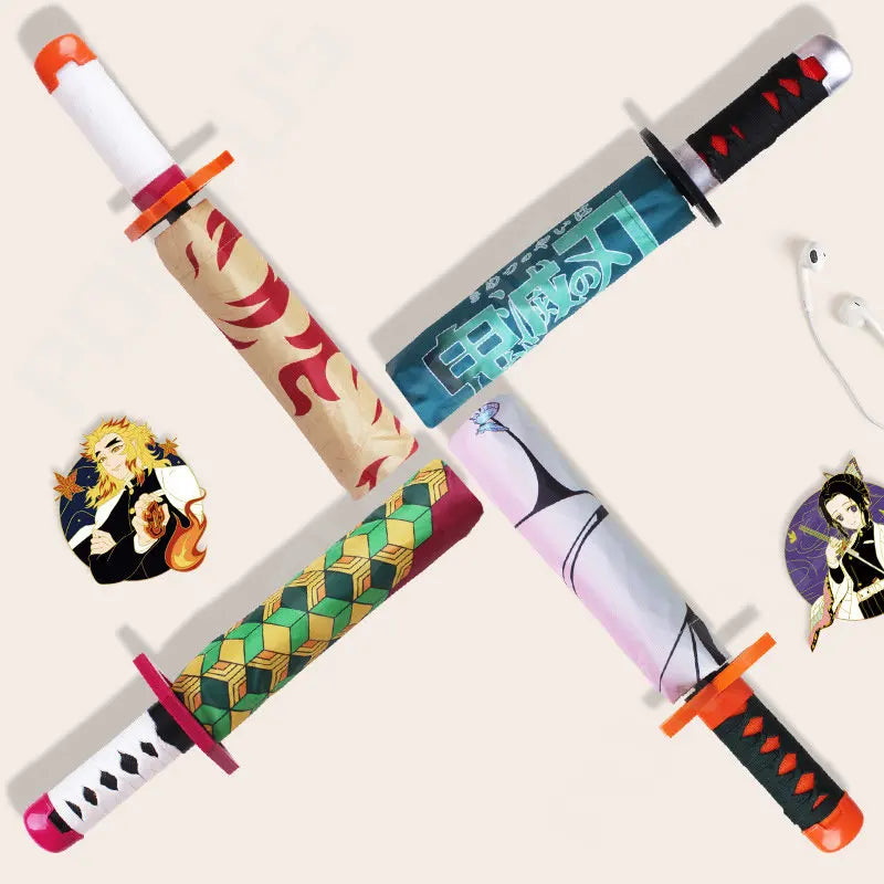 Anime Demon Slayer Umbrella All-weather Folding Parasol Umbrellas Kimetsu No Yaiba Tanjirou Shinobu Giyuu Zoro Katana Rain Gear