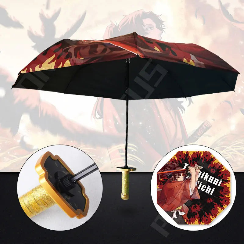 Anime Demon Slayer Umbrella All-weather Folding Parasol Umbrellas Kimetsu No Yaiba Tanjirou Shinobu Giyuu Zoro Katana Rain Gear