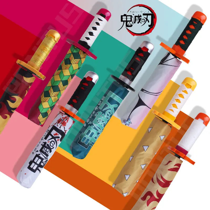 Anime Demon Slayer Umbrella All-weather Folding Parasol Umbrellas Kimetsu No Yaiba Tanjirou Shinobu Giyuu Zoro Katana Rain Gear