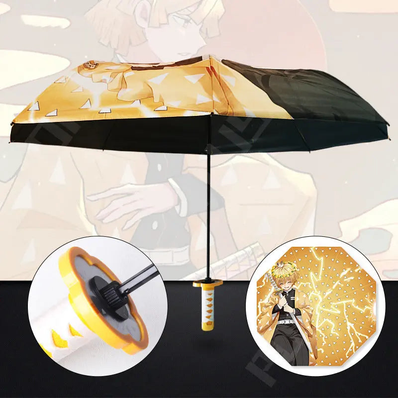 Anime Demon Slayer Umbrella All-weather Folding Parasol Umbrellas Kimetsu No Yaiba Tanjirou Shinobu Giyuu Zoro Katana Rain Gear